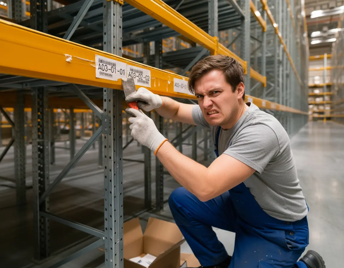 Disgruntled Warehouse Worker scraping labels off warehouse rack shelf