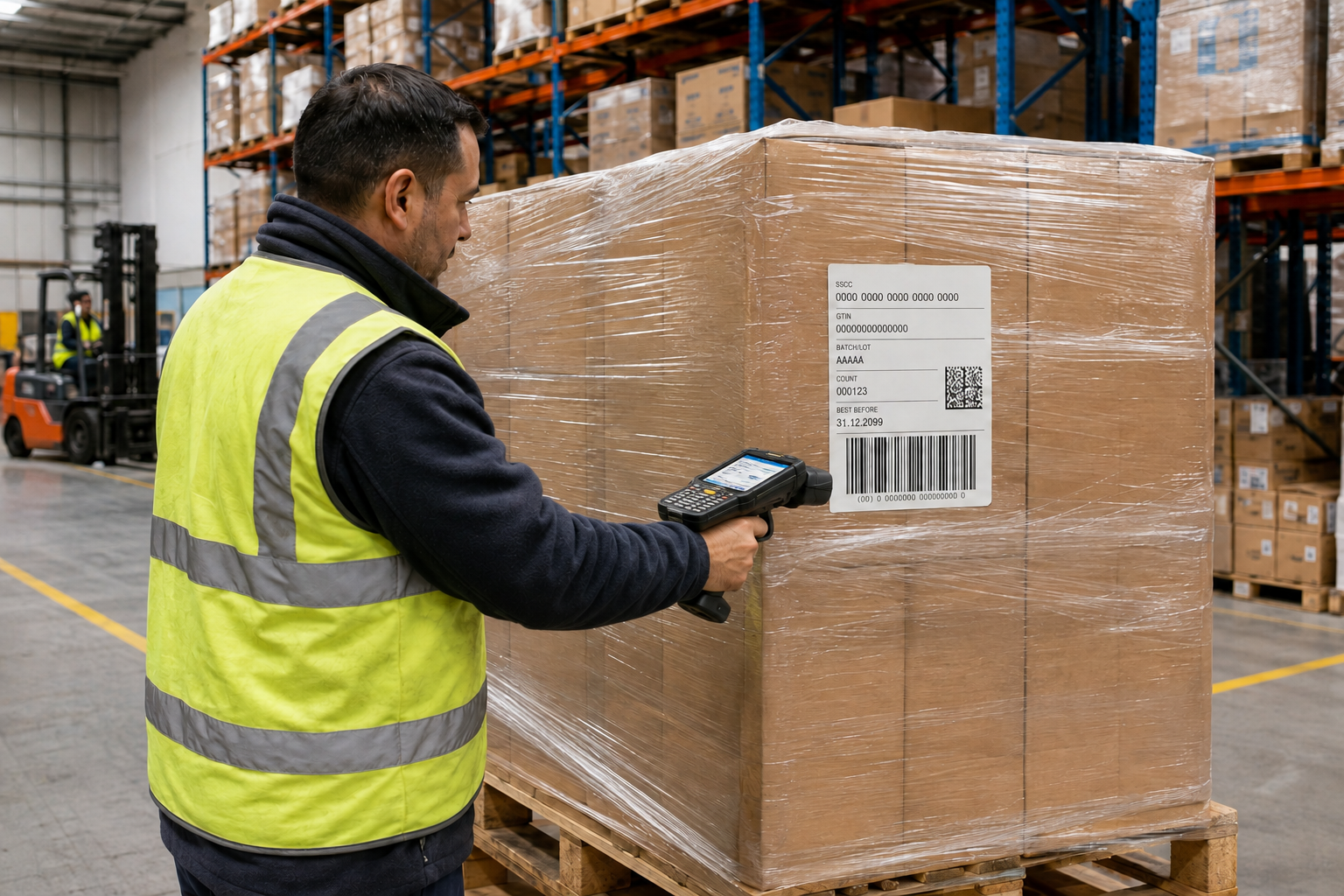 warehouse worker scanning GS1 style pallet label