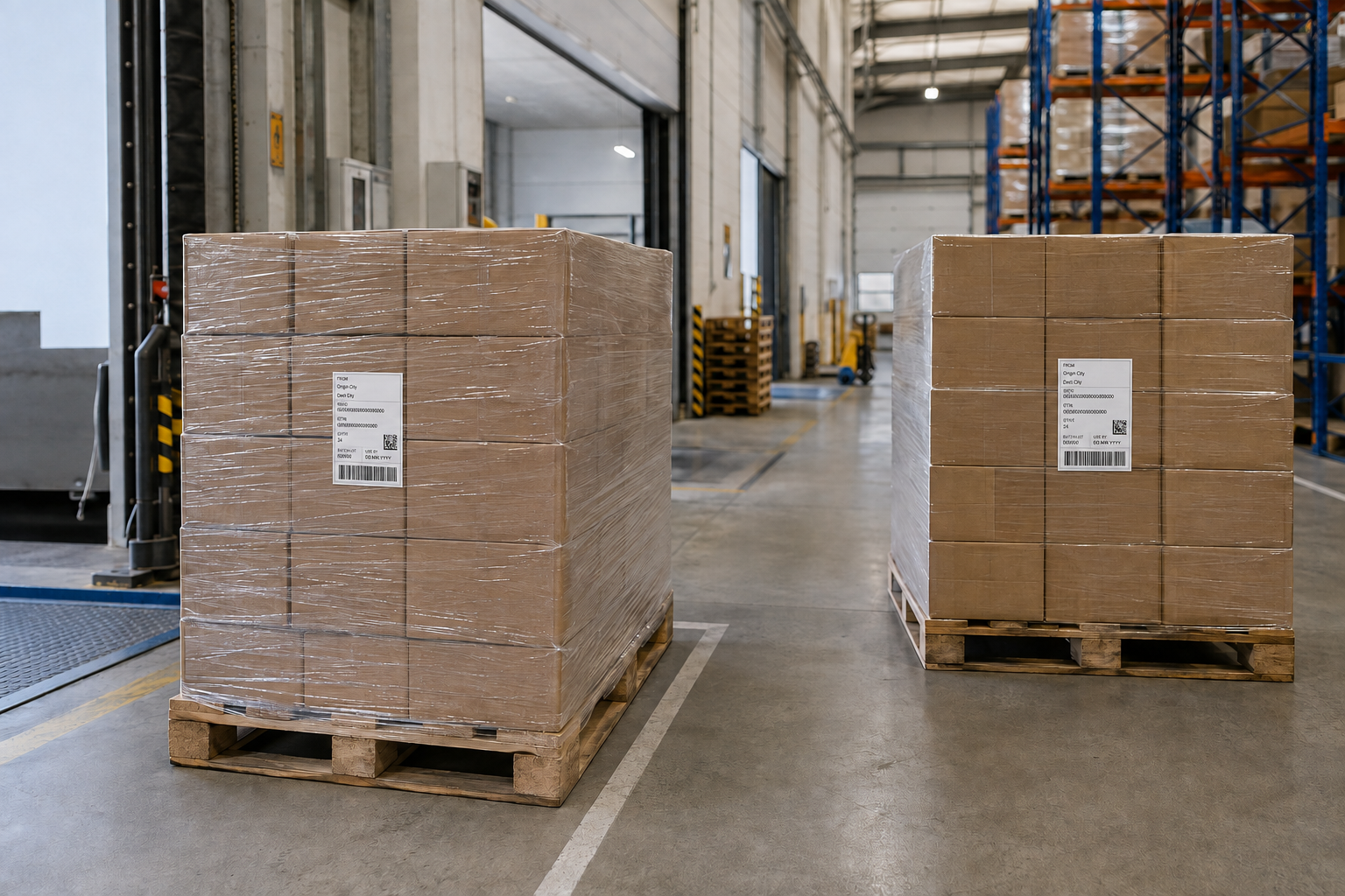 wrapped warehouse pallets with GS1 style labels