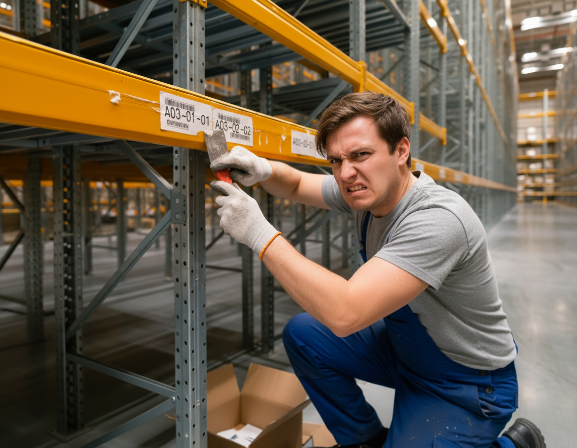 Disgruntled Warehouse Worker scraping labels off warehouse rack shelf