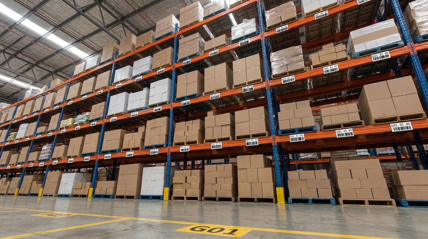 Warehouse Rack Aisle view of rack labels with bays